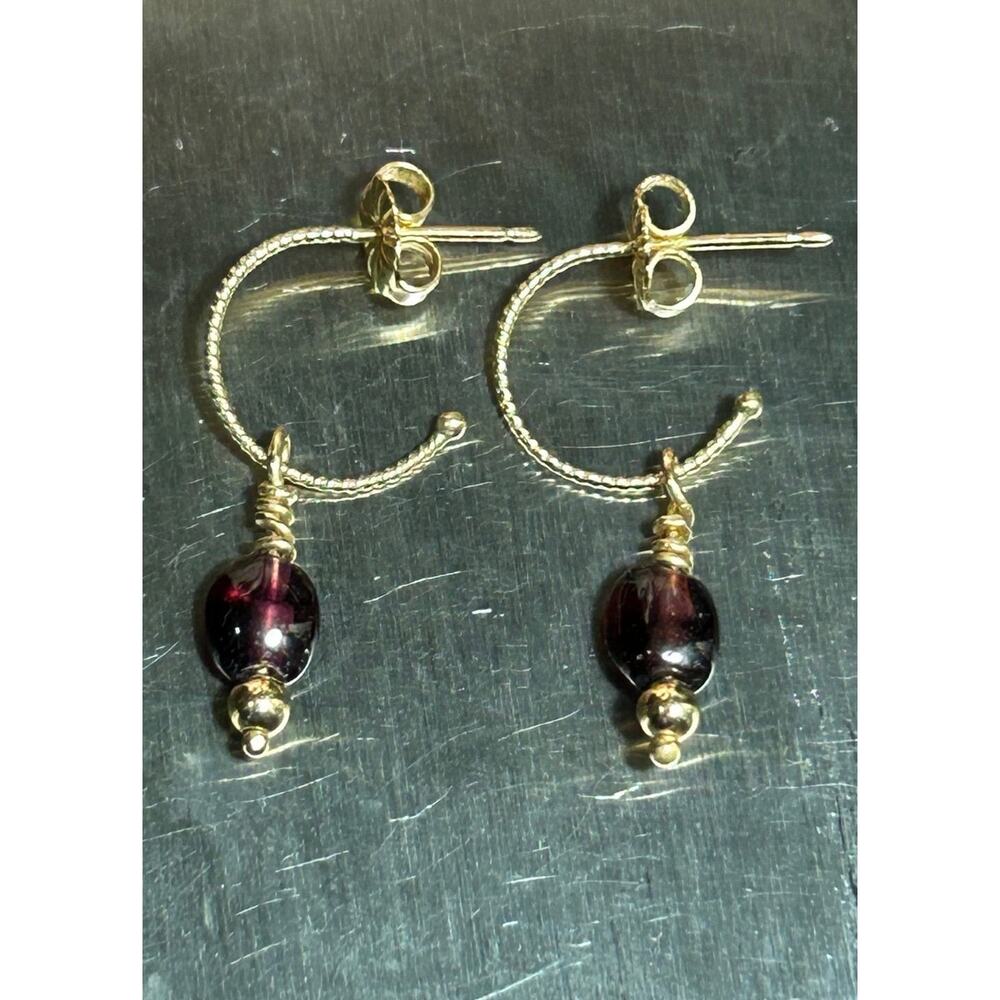 14k sojus yellow gold garnet drop dangle two-way wear dainty hoop Earrings